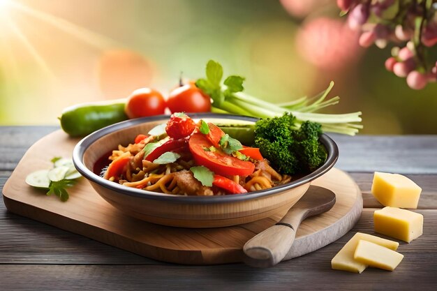 Eine Schüssel Spaghetti mit Brokkoli und Tomaten