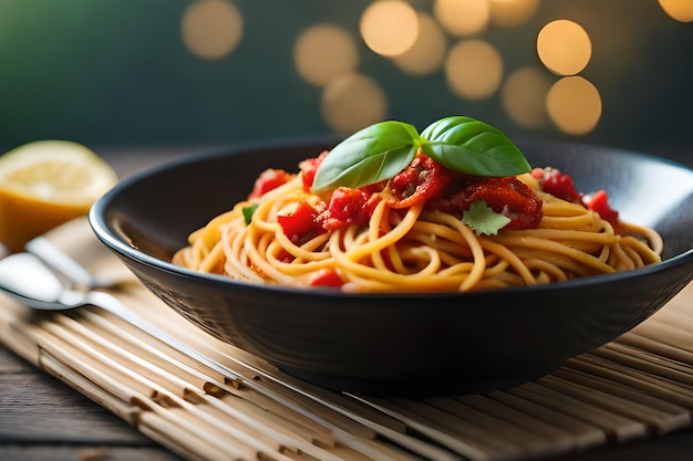 Eine Schüssel Spaghetti mit einem Basilikumblatt darauf