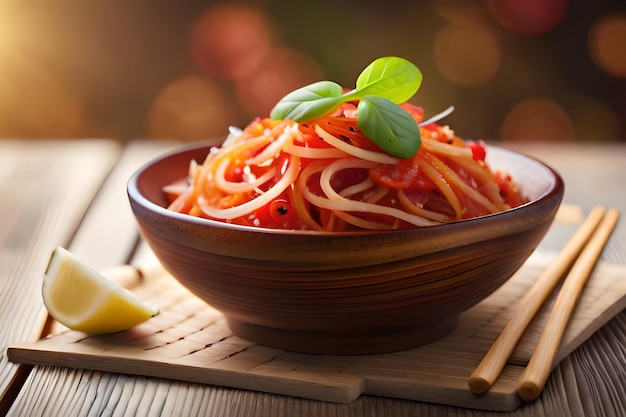 Eine Schüssel Spaghetti mit einer Zitrone an der Seite