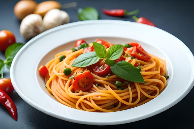 Eine Schüssel Spaghetti mit Erbsen und Basilikum auf dunklem Hintergrund.