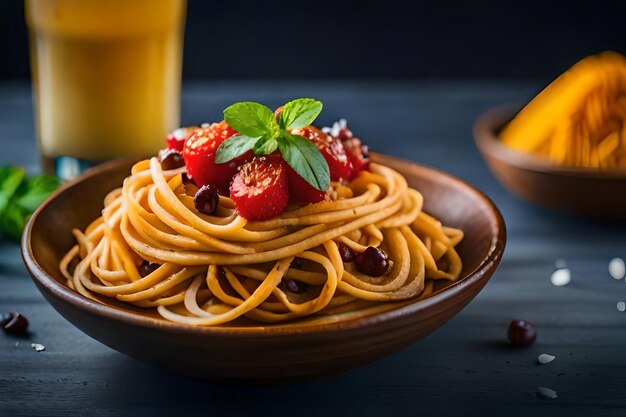 eine Schüssel Spaghetti mit Erdbeeren und Erdbeeren auf der Seite