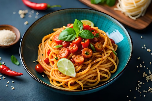 Eine Schüssel Spaghetti mit Garnelen und Basilikum auf einem Tisch