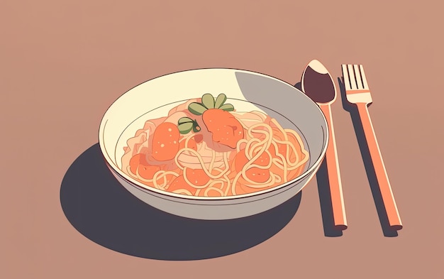 Eine Schüssel Spaghetti mit Garnelen und eine Gabel daneben.