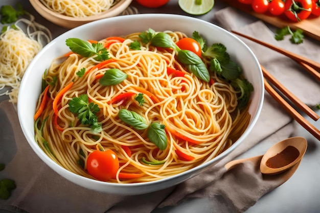 Eine Schüssel Spaghetti mit Gemüse und Nudeln