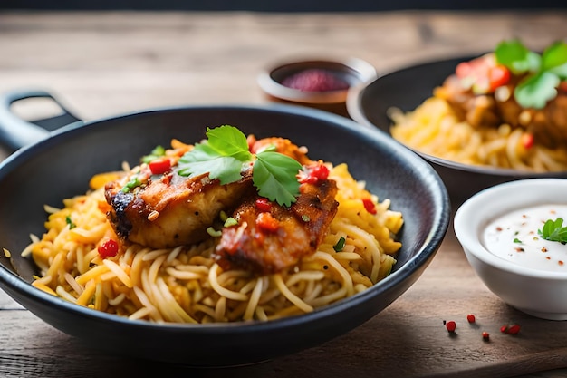 Eine Schüssel Spaghetti mit Hähnchen- und Tomatensauce darauf