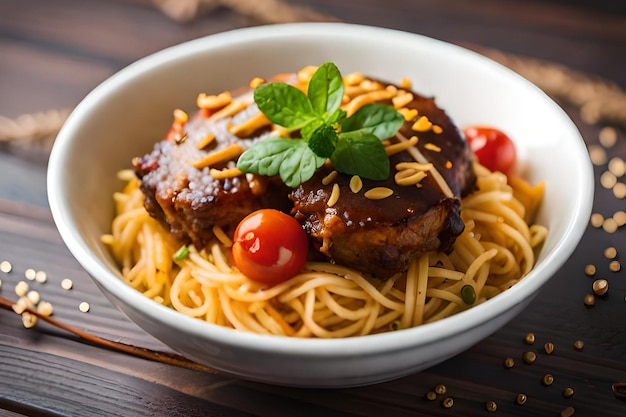 Eine Schüssel Spaghetti mit Hähnchenbrust und einer Sauce darüber