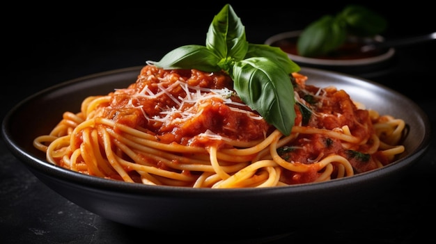 Eine Schüssel Spaghetti mit Soße und Basilikumblättern auf dunklem Hintergrund.