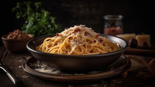 Eine Schüssel Spaghetti mit Speck darauf