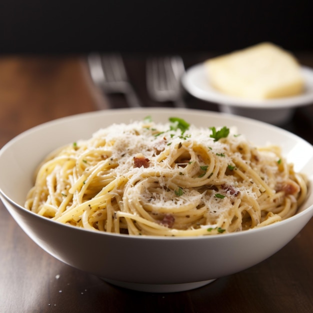 Eine Schüssel Spaghetti mit Speck und Käse darauf.