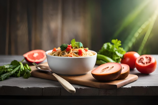 Eine Schüssel Spaghetti mit Tomaten, Brokkoli und anderem Gemüse auf einem Holztisch.