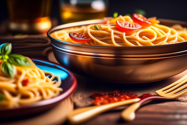 Eine Schüssel Spaghetti mit Tomaten darauf