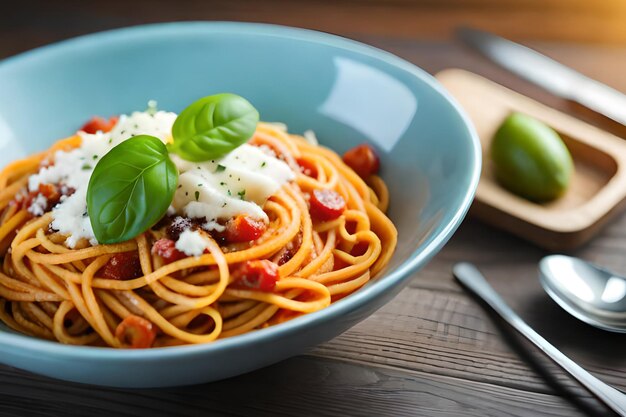 Eine Schüssel Spaghetti mit Tomatensauce und Basilikum auf einem Holztisch.