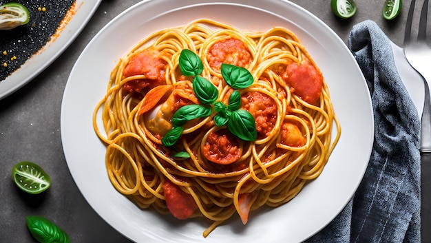 Eine Schüssel Spaghetti mit Tomatensauce und Basilikumblättern