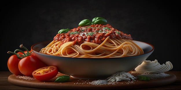 Eine Schüssel Spaghetti mit Tomatensauce und grünen Blättern an der Spitze