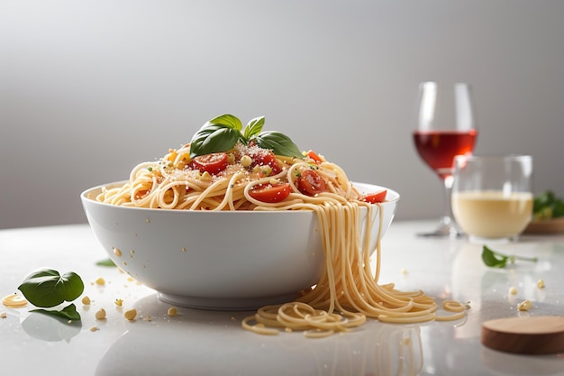 Foto eine schüssel spaghetti mit weißem hintergrund