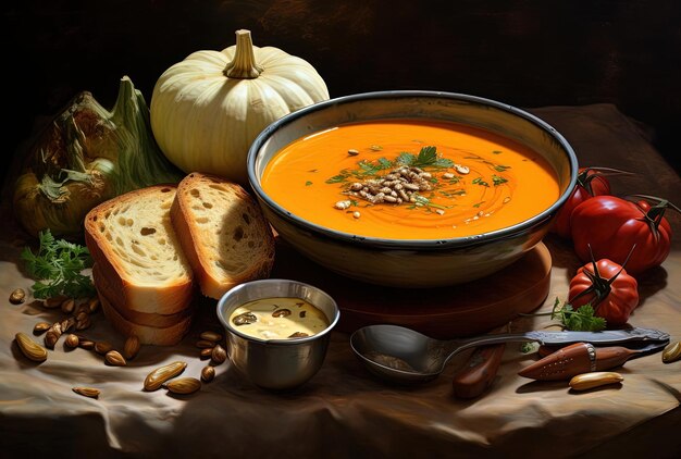 eine Schüssel Suppe mit Brot und Mais