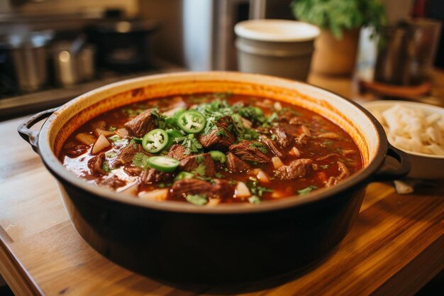 eine Schüssel Suppe mit einem grünen Gemüse auf der Seite