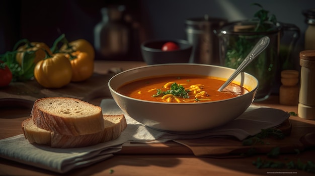 Eine Schüssel Suppe mit einem Löffel steht auf einem Tisch neben einem Stapel Brot.