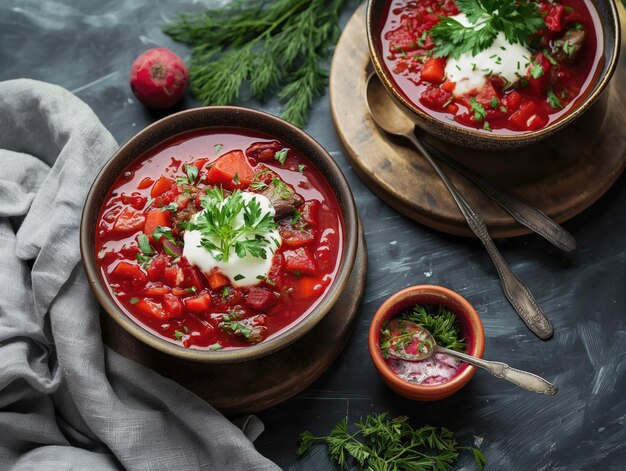 eine Schüssel Suppe mit einem Löffel und einer Schüssel Essen darauf