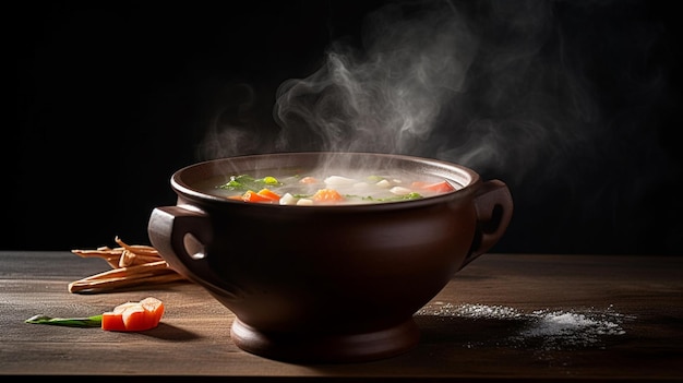 Eine Schüssel Suppe mit einem Löffel und einer Schüssel Gemüse.