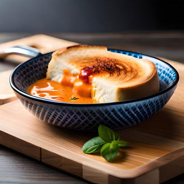 Eine Schüssel Suppe mit einem Stück Brot darauf