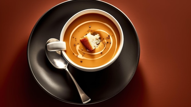 Eine Schüssel Suppe mit einem Stück Brot darauf