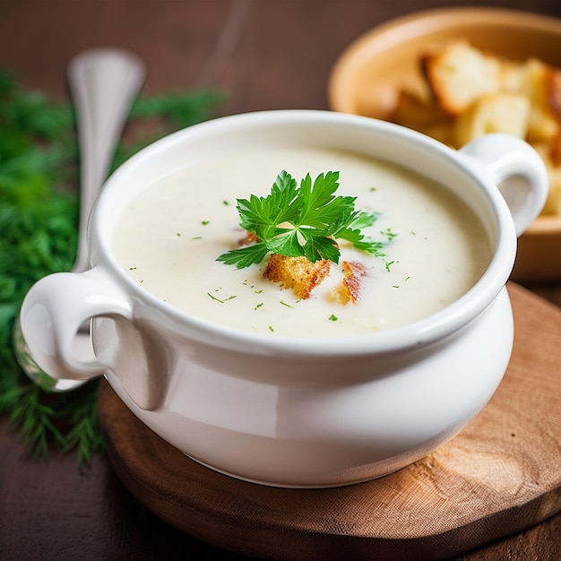 Eine Schüssel Suppe mit einem Stück Petersilie drauf.