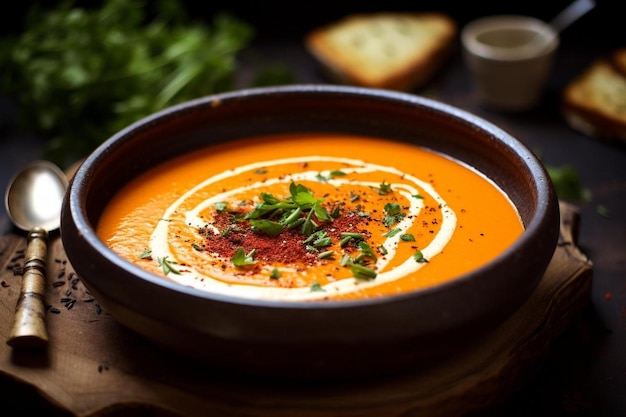 Eine Schüssel Suppe mit einem Teller mit Essen darauf