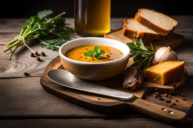 Eine Schüssel Suppe mit einer Scheibe Brot und einem Messer auf einem Holztisch