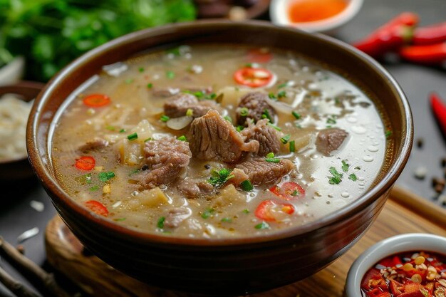 eine Schüssel Suppe mit Fleisch und Gemüse