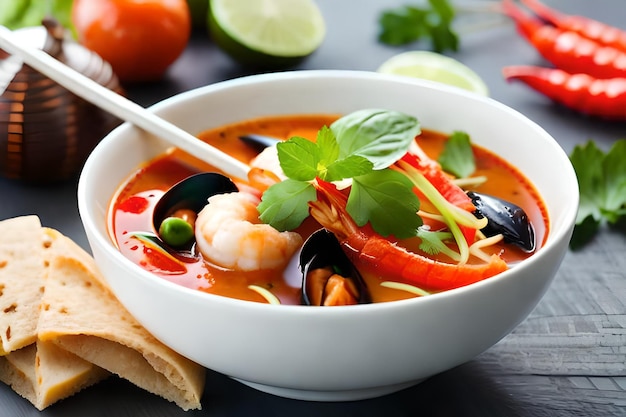 eine Schüssel Suppe mit Garnelen und Gemüse auf einem Tisch.