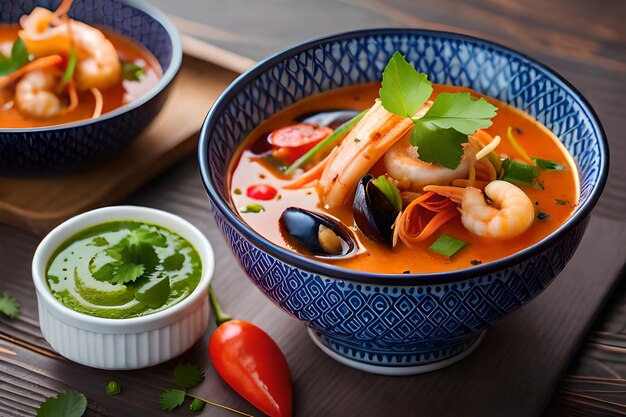 eine Schüssel Suppe mit Garnelen und Gemüse