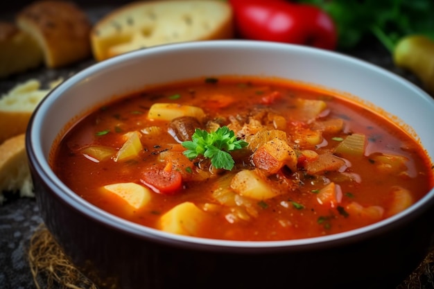 Eine Schüssel Suppe mit Gemüse und Brot