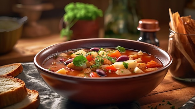 Eine Schüssel Suppe mit Gemüse und Kräutern auf einem Tisch