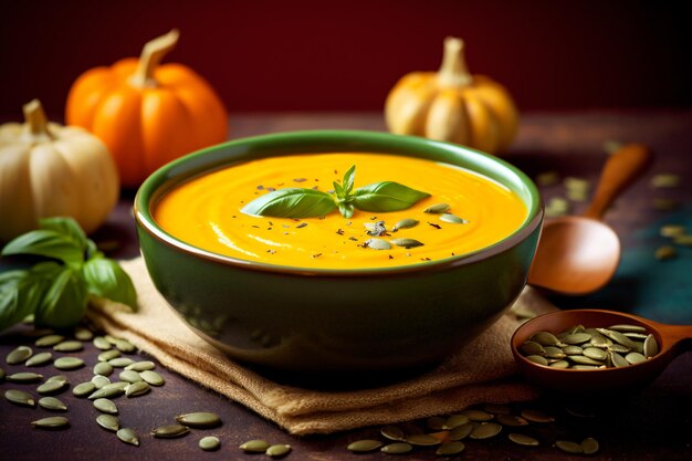 eine Schüssel Suppe mit Kürbissamen und Kürbissen