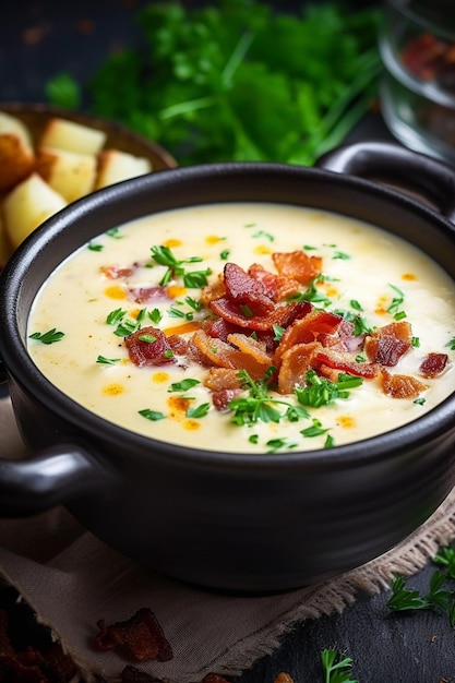 Eine Schüssel Suppe mit Speck, Käse und Petersilie.