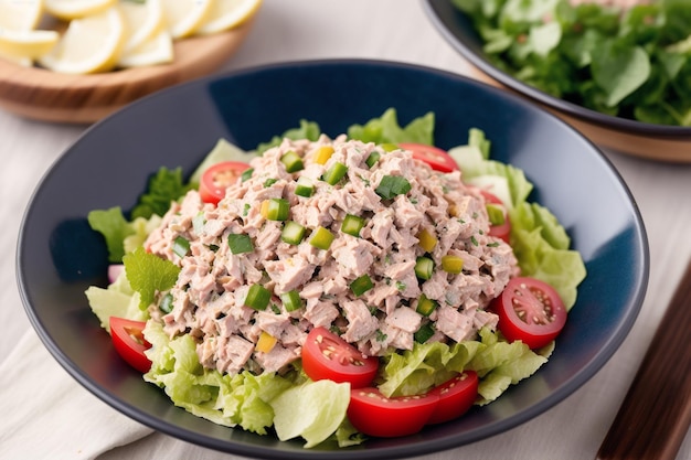 Eine Schüssel Thunfischsalat mit Tomaten und Gurken