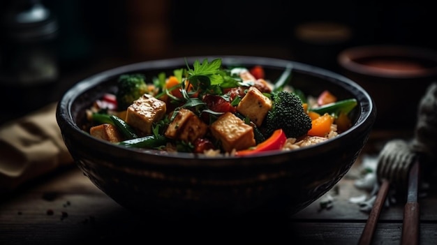 Eine Schüssel Tofu mit Gemüse und eine Schüssel Reis