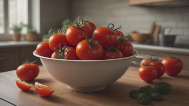 Eine Schüssel Tomaten auf einer Arbeitsplatte mit ein paar Blättern darauf