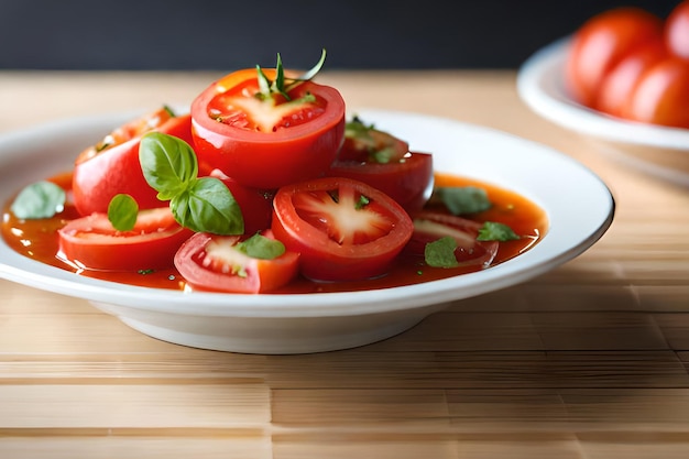 Eine Schüssel Tomaten mit Basilikum darauf