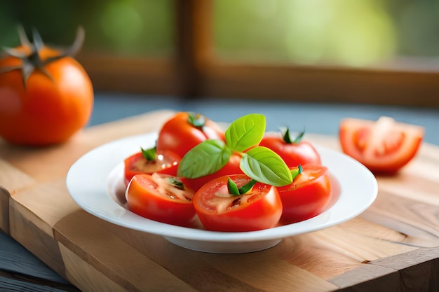 Eine Schüssel Tomaten mit Basilikumblättern als Beilage