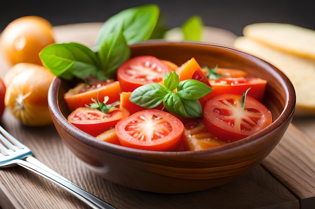 Eine Schüssel Tomatensalat mit Basilikumblättern an der Seite