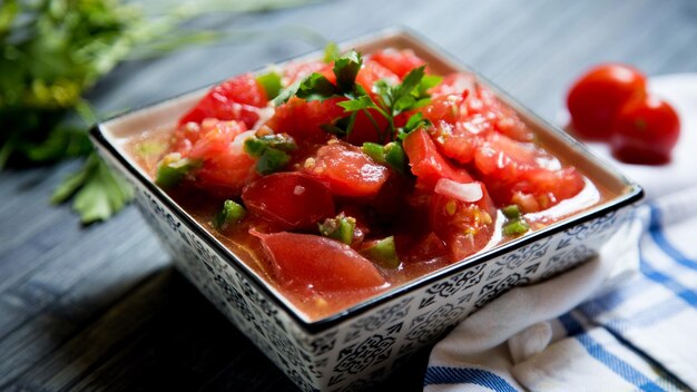 Eine Schüssel Tomatensalat mit einer blau-weißen Serviette an der Seite