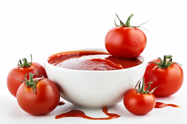 Eine Schüssel Tomatensauce mit einer der Tomaten darauf