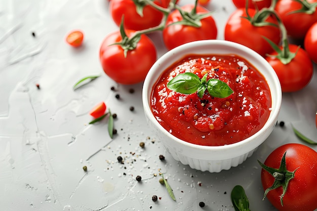 Eine Schüssel Tomatensauce mit Tomaten um sie herum auf einem Tisch mit Sprinkles und Blättern darauf