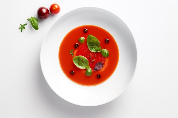 Eine Schüssel Tomatensuppe mit Basilikum, Basilikum und Basilikum auf weißem Hintergrund.