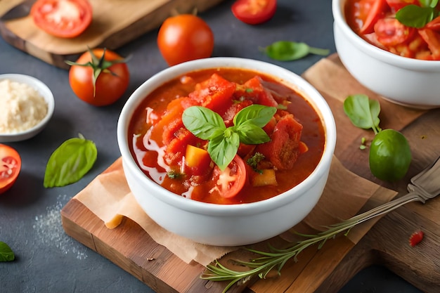 Eine Schüssel Tomatensuppe mit Basilikumblättern auf einem Holzbrett.