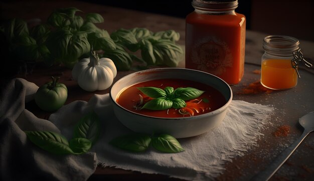 Eine Schüssel Tomatensuppe mit einem Glas Tomatensoße auf dem Tisch daneben.