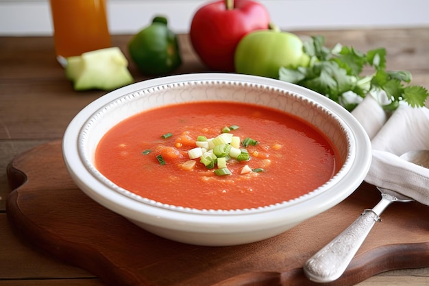 Eine Schüssel Tomatensuppe mit einem Löffel daneben.