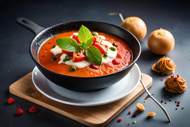 Eine Schüssel Tomatensuppe mit einer Basilikumscheibe darauf.